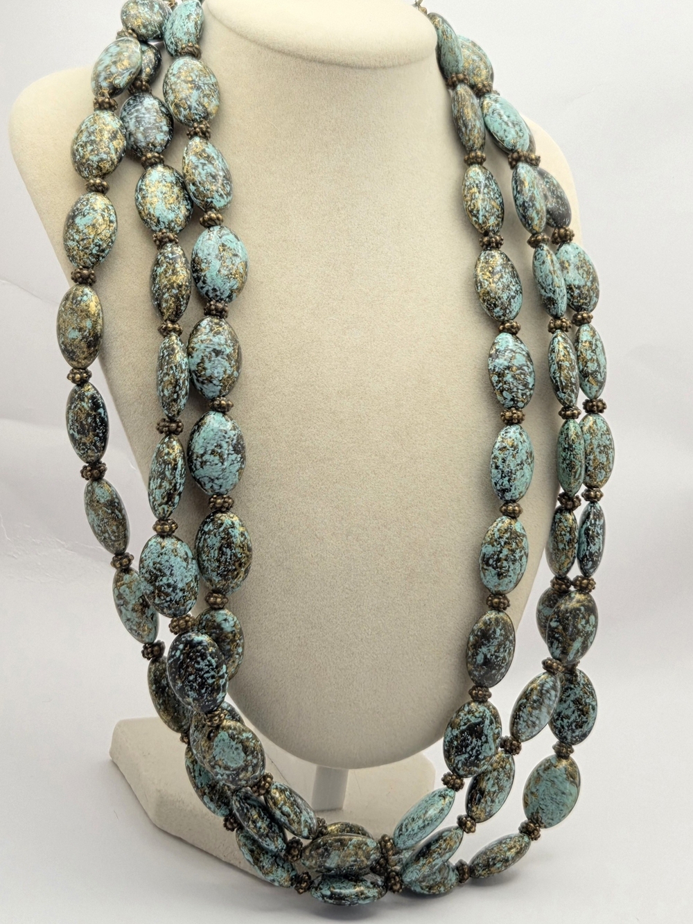 VCLM Multi Strand Turquoise Gold Splatter Oval Bead Necklace 24"